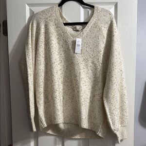 LOFT Cream V-Neck Sweater with Textured Knit